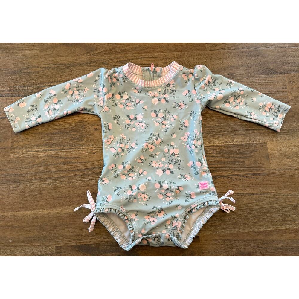 Ruffle Butts Baby Girl Long Sleeve UPF50+ One Piece Tea Roses Rash Guard 12-18m